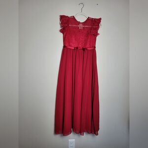 *Flawed* Girls Red Dress Empire Waist Red Flounce Lace Maxi Formal Size 12-13